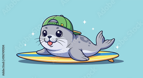 Cute Seal Wearing a Cap Riding a Surfboard.