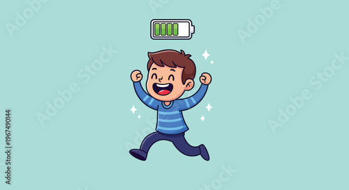 Energetic boy with full battery icon above symbolizing high energy and vitality.