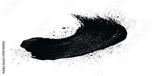Minimalist black ink brushstroke artwork on a clean white background. expressive paint splashes and textured brush wave flowing under the texture.