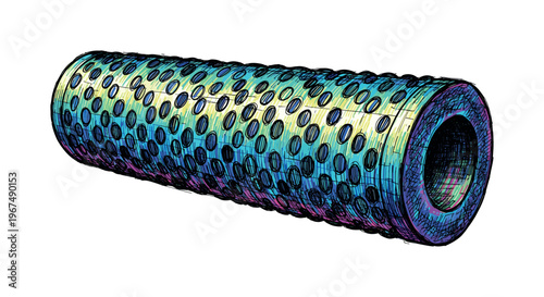 Textured cylindrical foam roller with colorful iridescent surface and many holes