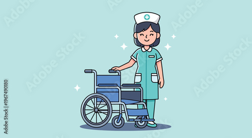 Friendly cartoon nurse character standing with a medical wheelchair.
