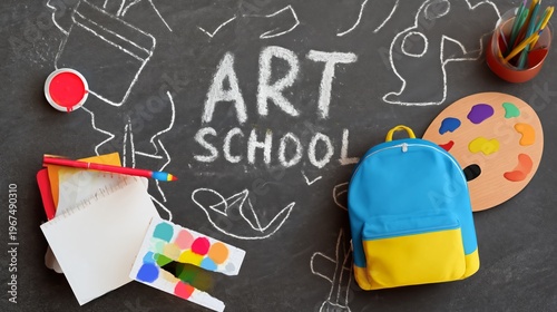Students Create Art at an Art School With Colorful Supplies and a Backpack on...