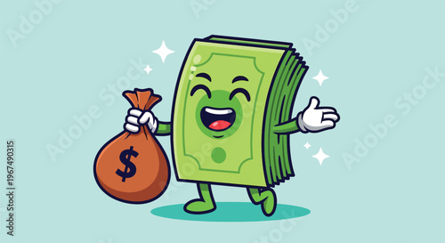Happy Money Character Holding Bag of Cash.