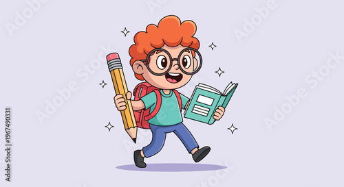 Happy Schoolboy with Book and Pencil.