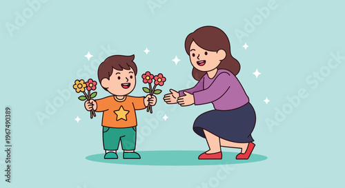 Mother and son sharing flowers illustration.