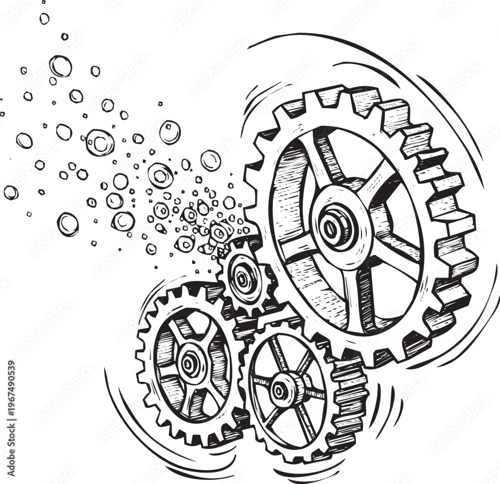 Fototapeta premium Black and white illustration of interlocking gears with bubbles coming out