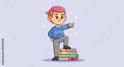 Young boy pointing while standing on a stack of books symbolizing education and ambition.