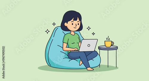 Woman working comfortably on laptop in bean bag chair.