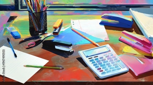 Office Supplies and Tools Scattered on a Wooden Table During a Bright Day