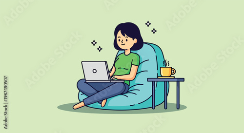 Young Woman Working on Laptop While Relaxing on Bean Bag Chair.