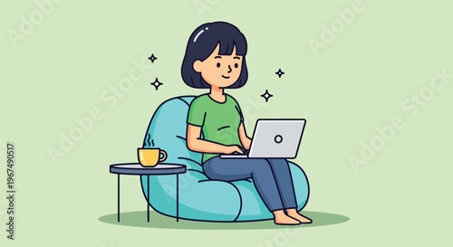Young Woman Working on Laptop While Relaxing on Beanbag Chair.