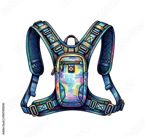 Colorful chest mounted running harness with multiple straps and pockets
