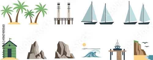 Coastal Beach and Seaside Set with Palm Trees, Sailboats, Piers, Waves, and Rocky Shores