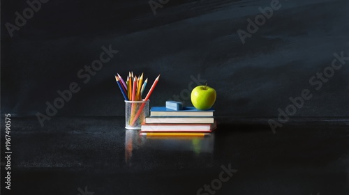 School Supplies on a Desk With Colorful Pencils and an Apple Near Books and a...