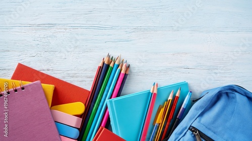 Colorful Art Supplies Are Arranged Around a Blank Sketchbook on a Table