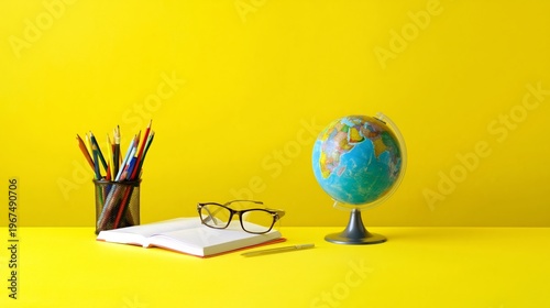 Open Book, Glasses, Globe, and Pens on a Bright Yellow Table Setting for Stud...