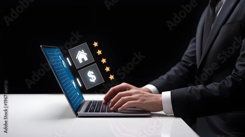 Businessman Using Laptop for Online Real Estate and Financial Reviews With Five-Star Ratings