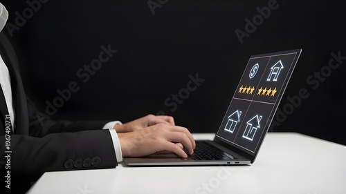 Business Professional Typing on Laptop With Real Estate Listings, Ratings and Property Icons