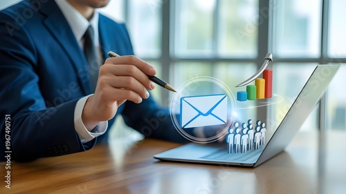 Business Email Marketing And Digital Communication Concept With Laptop Analytics, Team Growth And Strategy