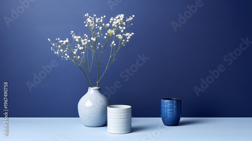 Vases on a Table With White Flowers Against a Blue Wall in a Modern Setting D...