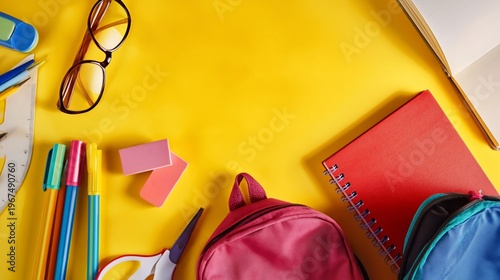 Colorful School Supplies and Healthy Snacks on a Bright Yellow Table
