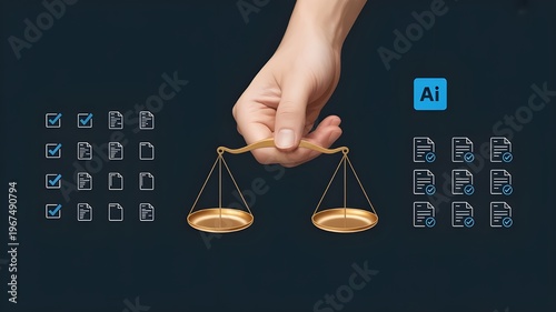 Hand Holding Golden Scales Balancing Documents and AI Checklist for Business Decision Making