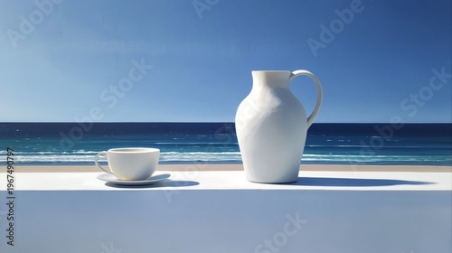 Vases on a Table With White Flowers Against a Blue Wall in a Modern Setting D...