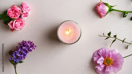Clear Bottle With Liquid Next to a Towel and Flowers on a Soft Background in ...