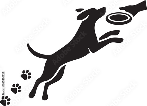A Minimalist vector dog catching frisbee midair jumping side view with throwing hand paw icons playful bold silhouette flat black white without Background