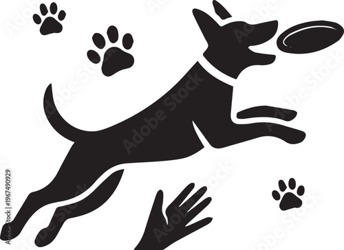Create Minimalist vector dog catching frisbee midair jumping side view with throwing hand paw icons playful bold silhouette flat black white without Background