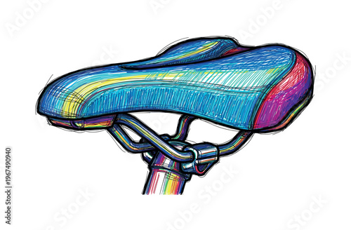 Colorful hand-drawn bicycle saddle with ergonomic design and vibrant hues