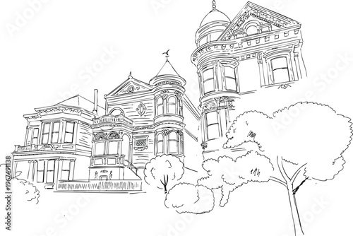 Iconic Painted Ladies of San Francisco - Hand-Drawn Victorian Architecture Sketch