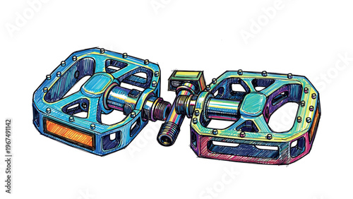 Pair of colorful bicycle pedals with reflective elements and metal threads