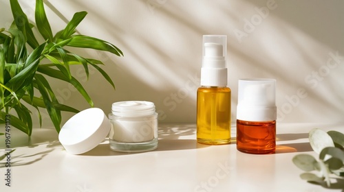 Natural Skincare Products on a Table With Green Leaves and Soft Light From th...