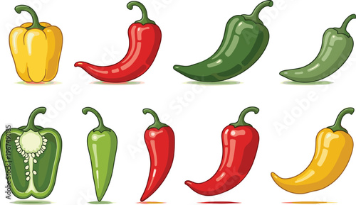 Colorful Bell Peppers and Chili Peppers Illustration Set for Food, Cooking, and Healthy Eating Designs