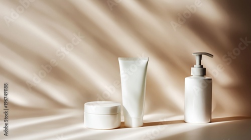 Natural Skincare Products on a Table With Green Leaves and Soft Light From th...