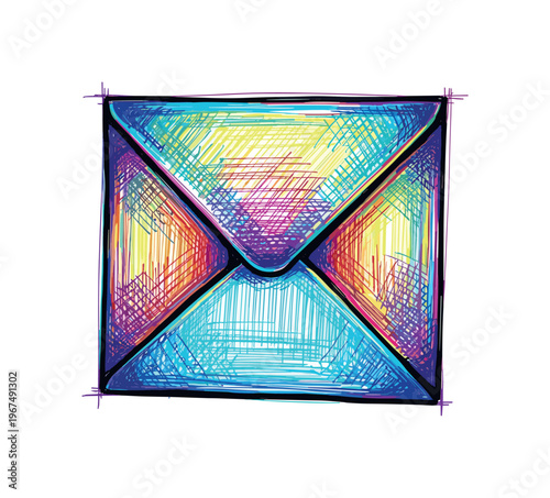 Hand drawn colorful envelope with triangular flap and sketchy lines