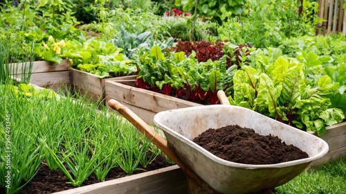 Vegetable Garden With Fresh Greens and a Wheelbarrow Filled With Soil in a Lu...