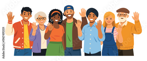 Diverse group of multiethnic people of different ages smiling and waving hands in a friendly greeting, showing community and togetherness