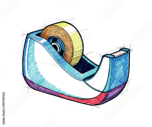 Hand-drawn sketch of a modern tape dispenser with a roll of adhesive tape