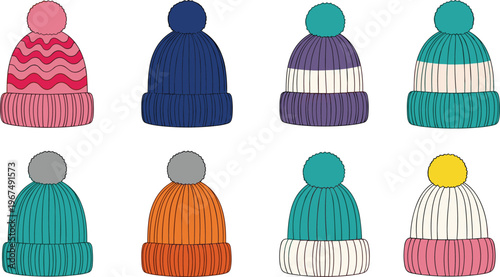 Colorful Knitted Beanie Hat Set with Pom Poms and Bright Patterned Designs for Winter Fashion, Accessories, and Seasonal Apparel
