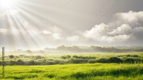 Sunlight Breaks Through Clouds Over a Green Field During the Morning Hours