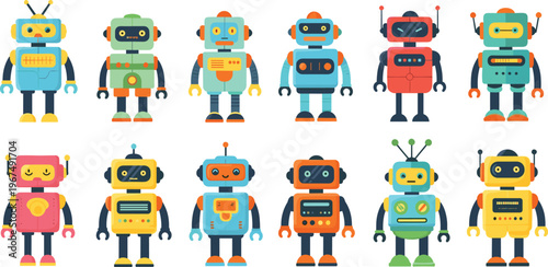 Colorful Robot Illustration Set Featuring Various Retro and Futuristic Designs for Kids, Technology, and Fun Concepts
