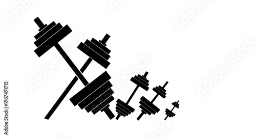 Black and white illustration of various sized barbells for weightlifting.