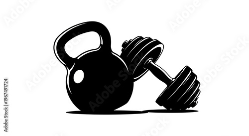 Black kettlebell and dumbbell for strength training and fitness workouts.