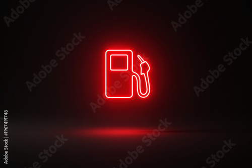 Glowing red fuel warning icon with petrol pump symbol in dark minimal background representing energy crisis, low fuel alert and rising gas costs
