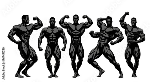 Bodybuilders posing in various stances showcasing muscular physique and strength.