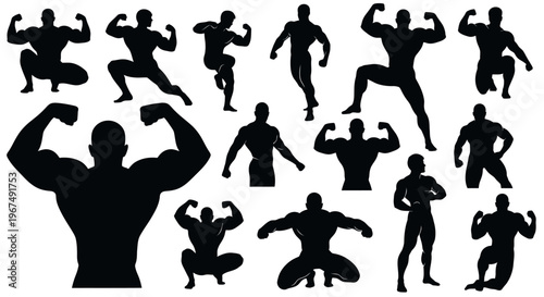 Collection of Muscular Bodybuilder Silhouettes Posing.