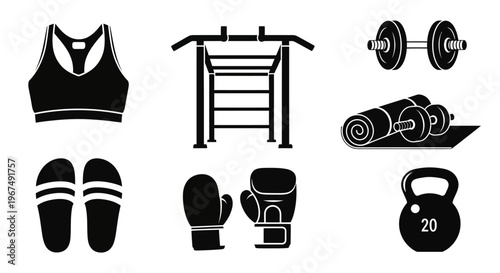 Collection of fitness and gym equipment for a healthy lifestyle.