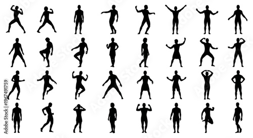 Diverse collection of human silhouettes in various dynamic poses.